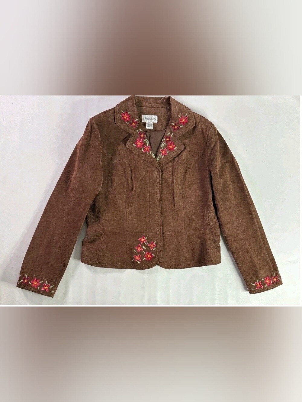 Chadwicks Y2K Boho Vintage Sz 16 Brown Suede Leather Jacket Floral Embroidered